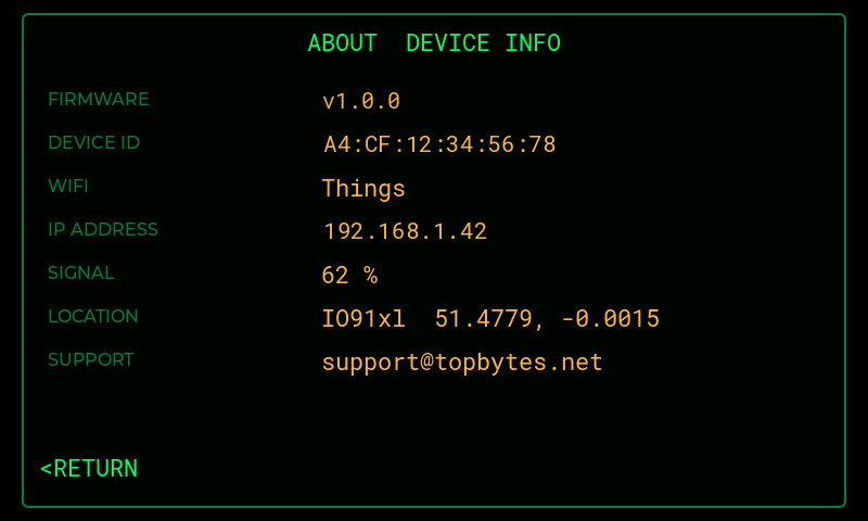 The About page listing firmware, Device ID, WiFi, IP address, signal, location and support contact