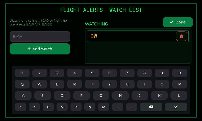 The Flight Alerts page with one watched prefix