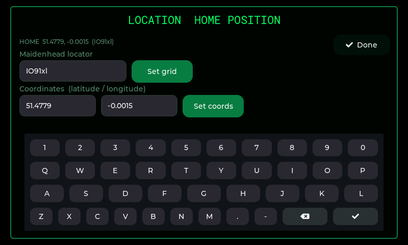 The Location page with grid and coordinate fields and a keyboard