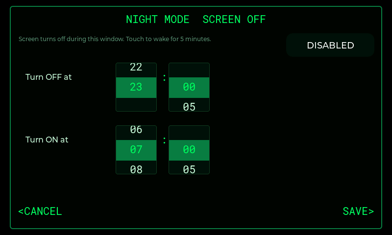 The Night Mode page with an enable button and turn-off / turn-on time rollers