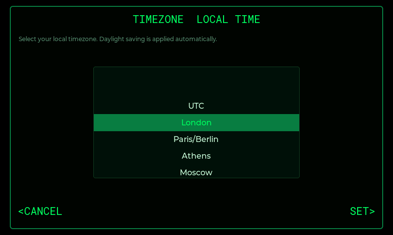 The Timezone page with a scrolling list of zones