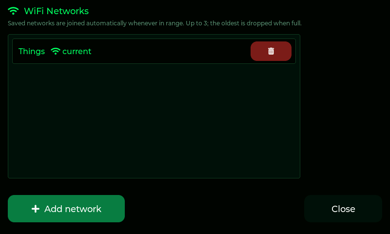 The WiFi Networks page listing a saved network