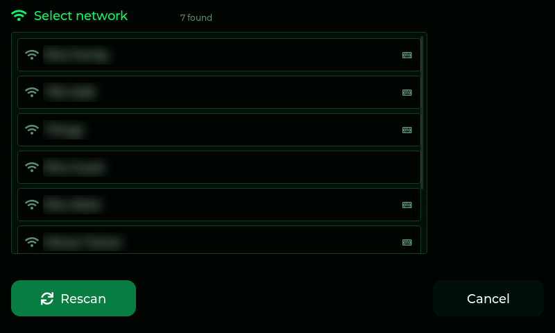 The Select network list after a WiFi scan